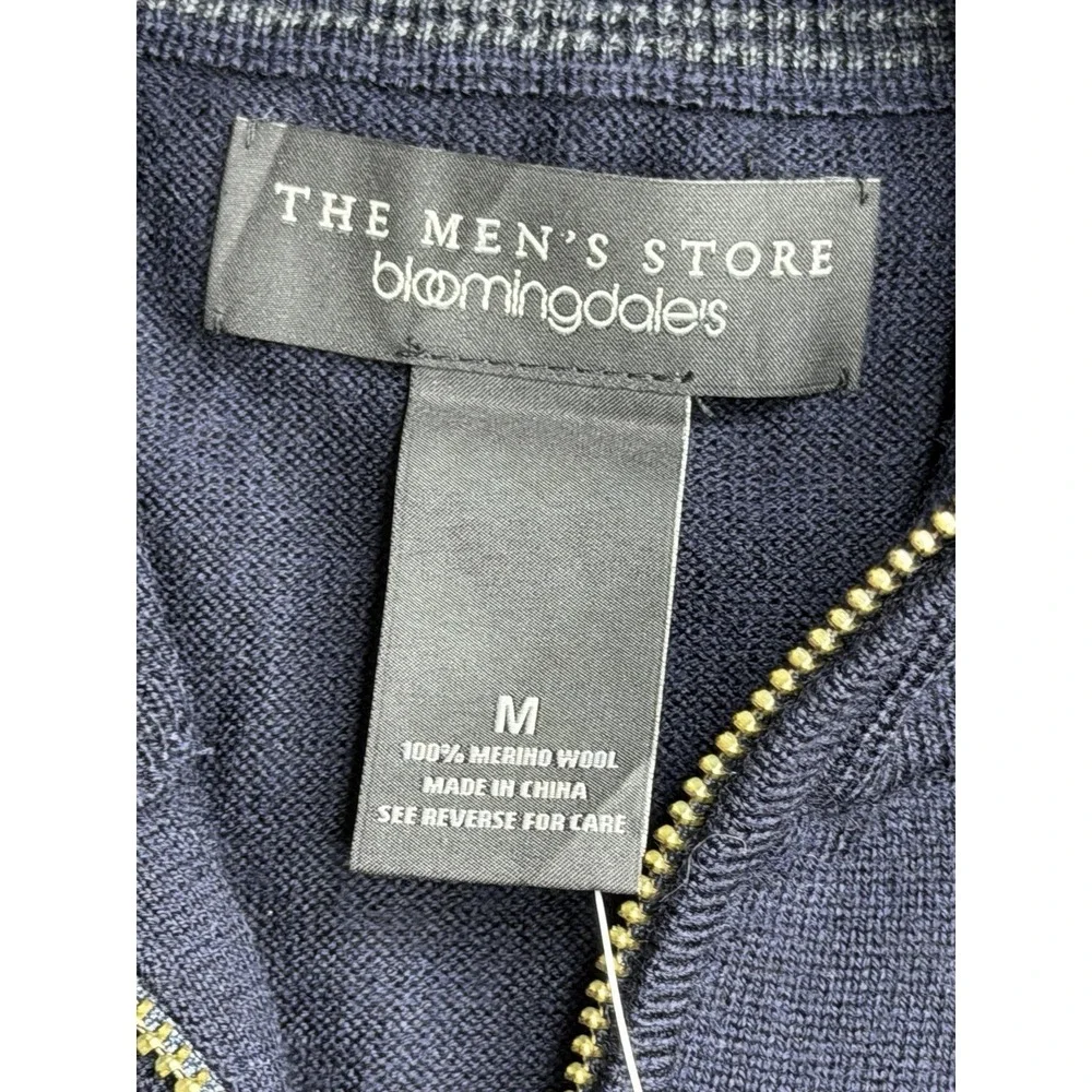 Bloomingdales Mens Store 1/4 Zip Sweater Medium Blue Merino 100% Wool New Tags